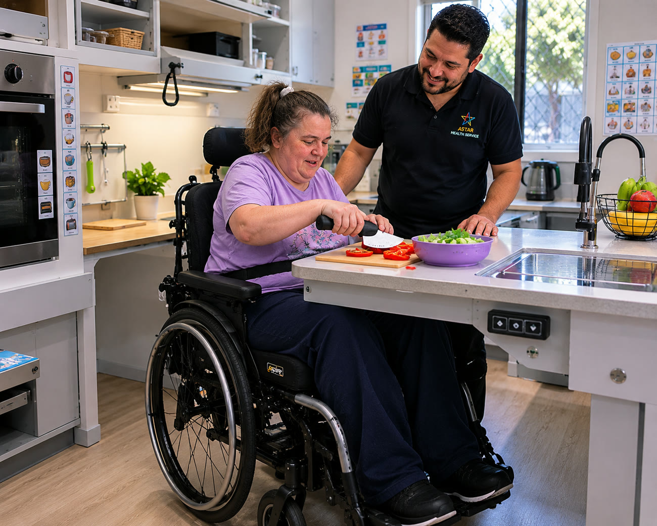 A support worker assisting a participant warmly at home