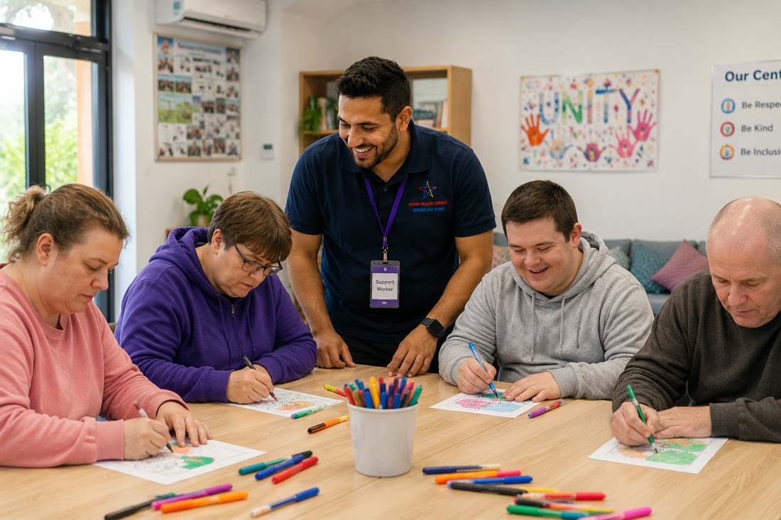 A group of friends, one using a wheelchair, socialising together